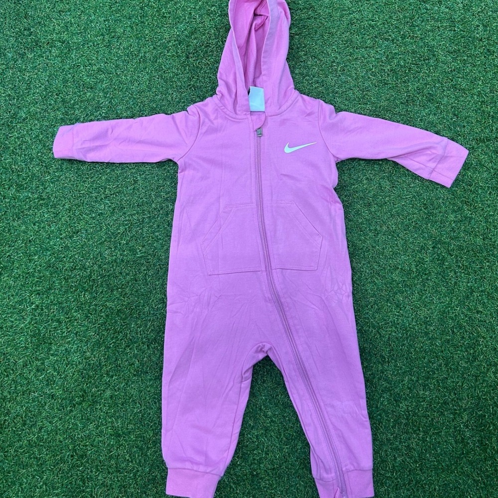 Nike Baby Girls Pink Hooded Fleece Romper Coverall 12M Swoosh Logo Zip Up